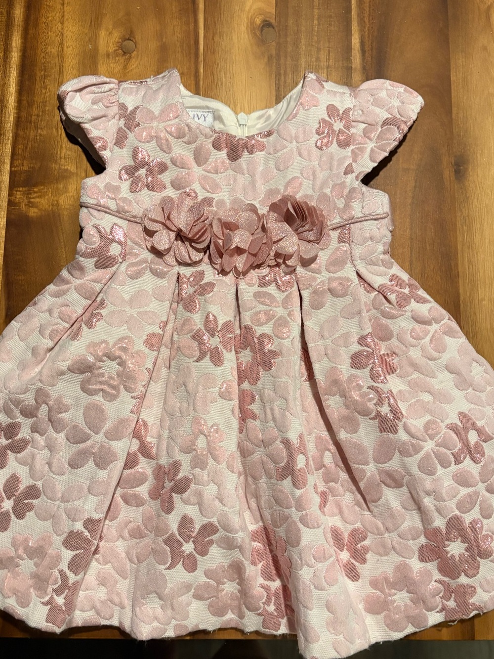 iris & ivy Pink Jacquard Baby Dress with Floral Trim